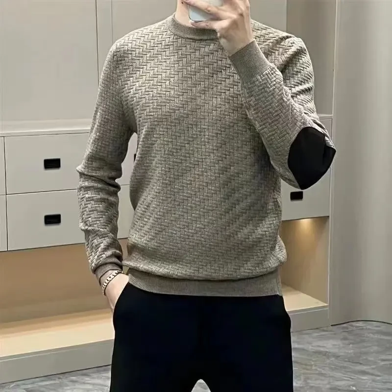 男士轻奢套头毛衣秋冬新款百搭菱形格休闲纯色长袖圆领针织打底衫