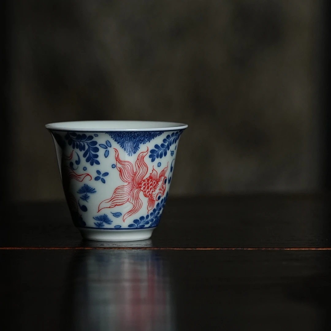 九匠风 青花鱼藻纹陶瓷茶杯单杯个人专用品茗杯复古小号马蹄杯