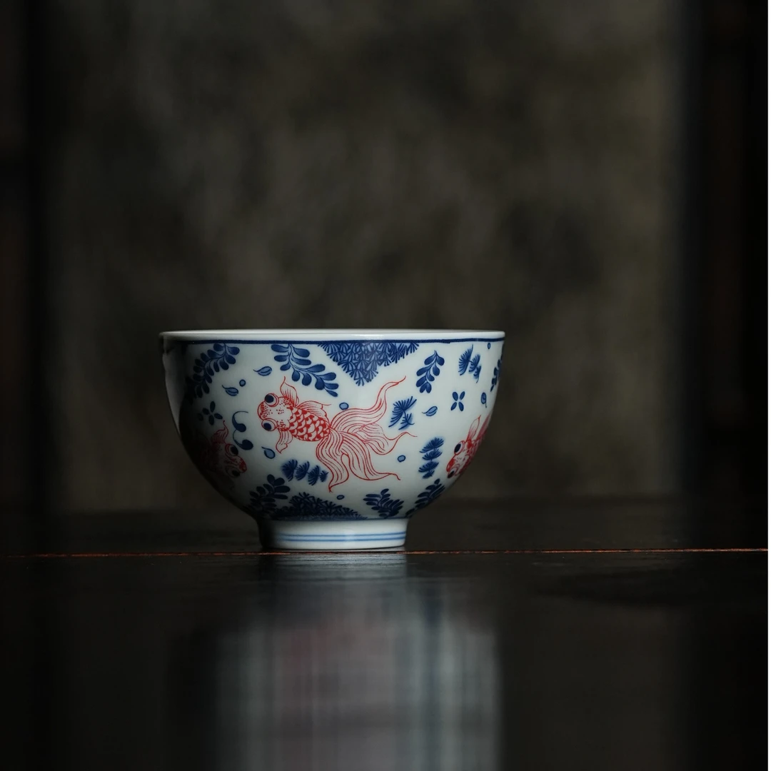 青花鱼藻纹陶瓷主人杯家用功夫茶具大茶杯复古金鱼茶杯