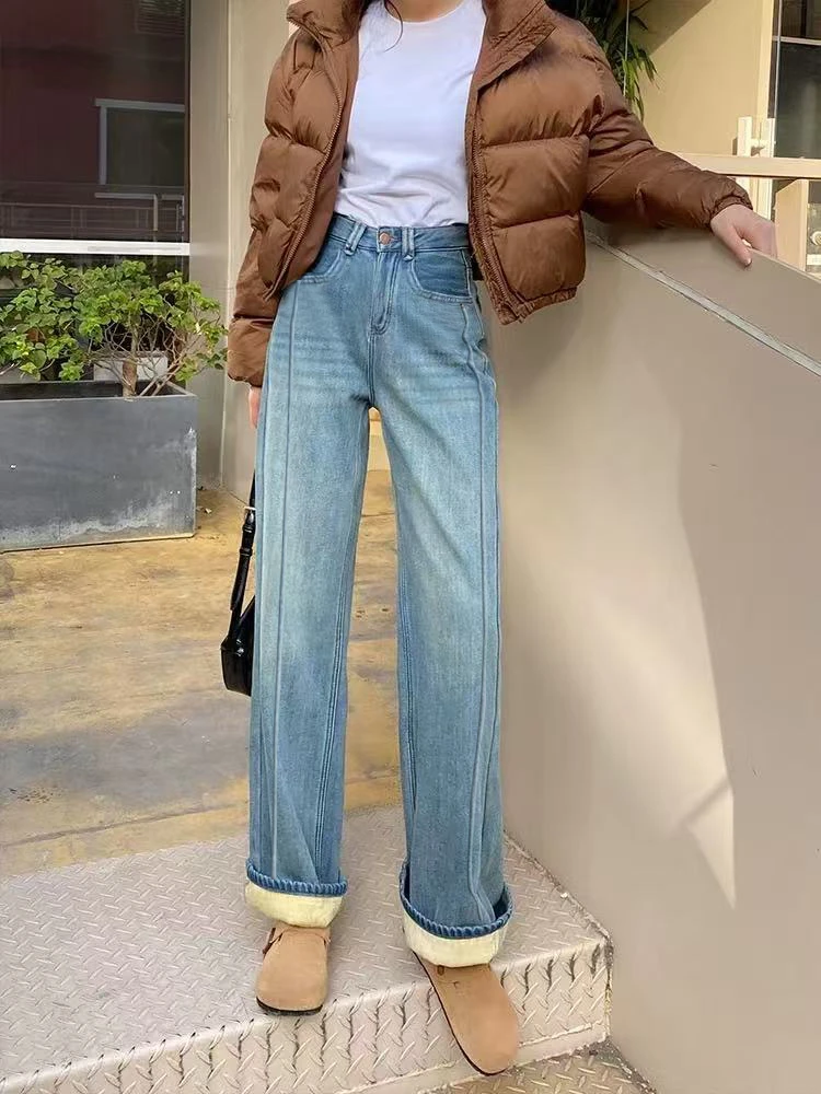 新【高弹力+窄版+加绒】2024新显瘦设计款压线窄版直筒牛仔裤