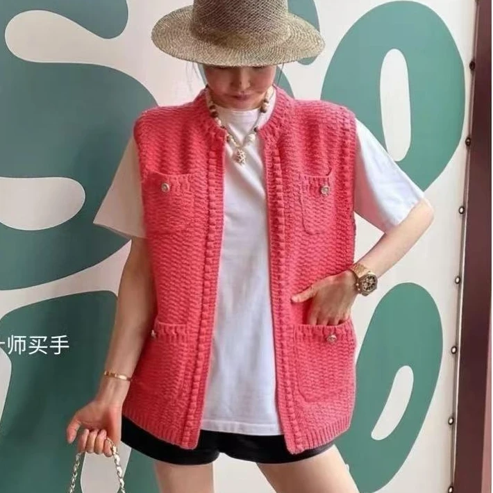 99新 Chanel/香奈儿 春夏桃粉色粗花呢编织马甲/f34/755