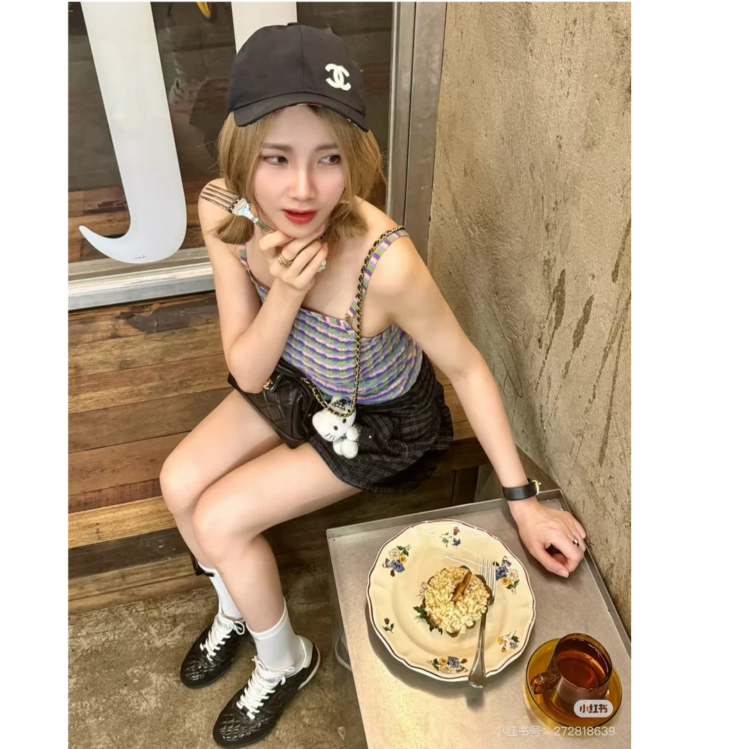 99新 Chanel/香奈儿 紫色拼绿色横纹吊带上衣/38码/编号11225
