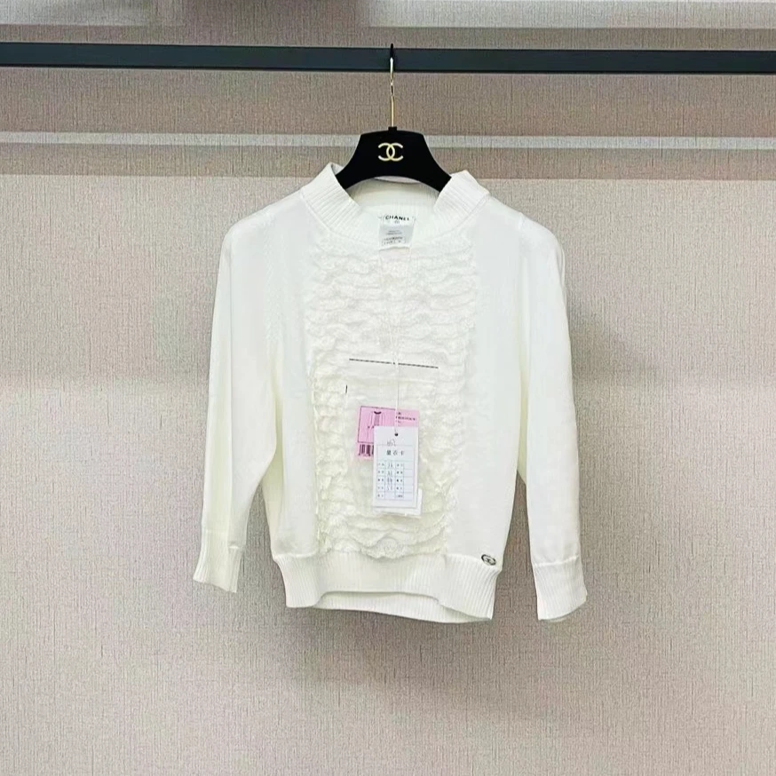99新 Chanel/香奈儿 白色荷叶七分袖针织衫/36码/编号637