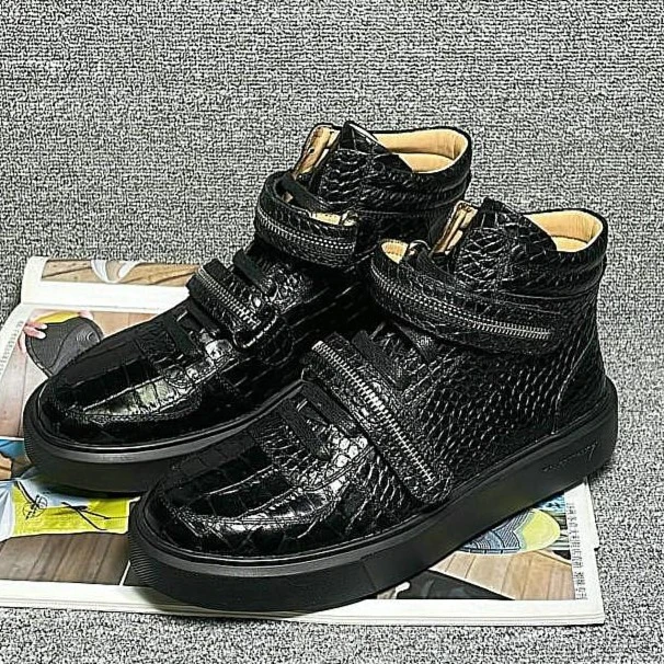 全真鳄鱼皮男鞋马丁靴冬季英伦风高帮加绒棉鞋男款真皮工装靴子