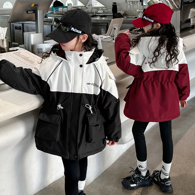 2024新款女童中大童秋冬季棉服字母拼色棉衣外套加棉加厚保暖韩版