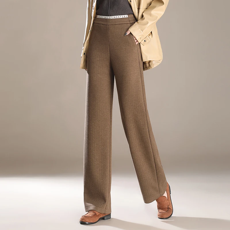 羊毛呢松紧腰直筒阔腿裤宽松女裤子秋冬今年流行垂感高级感长裤