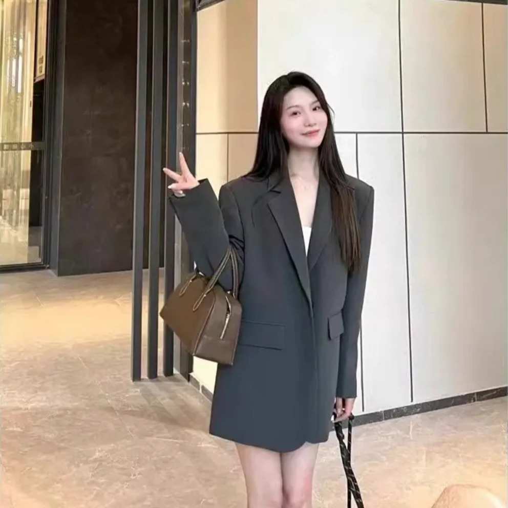 高级灰韩版小西装外套女2025春秋新款宽松时尚气质休闲炸街西服T