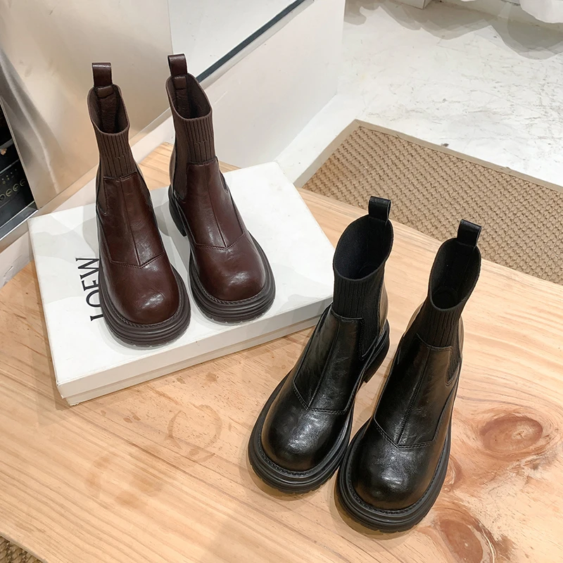 内增高7.5cm2024秋冬切尔西短靴女厚底英伦风瘦瘦靴针织弹力袜靴