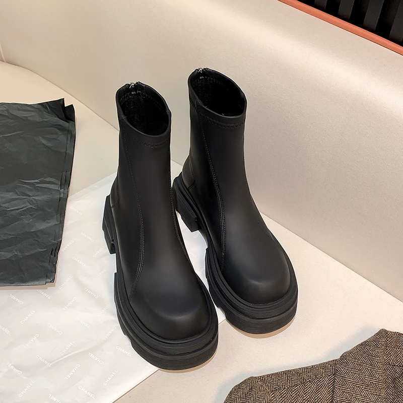 【团团家】2023秋冬新款马丁靴英伦风弹力靴厚底松糕瘦瘦靴女短靴