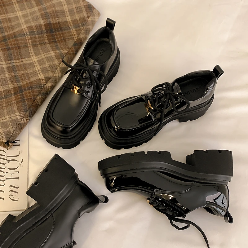 【团团家】乐福鞋女鞋厚底松糕英伦风凯旋门单鞋粗跟休闲百搭小皮鞋