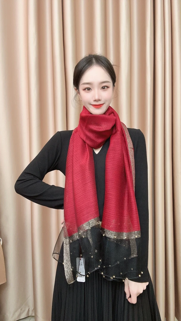 S-34-13  桑蚕丝羊毛65X180左右长巾百搭夏季  钉珠 酒红色