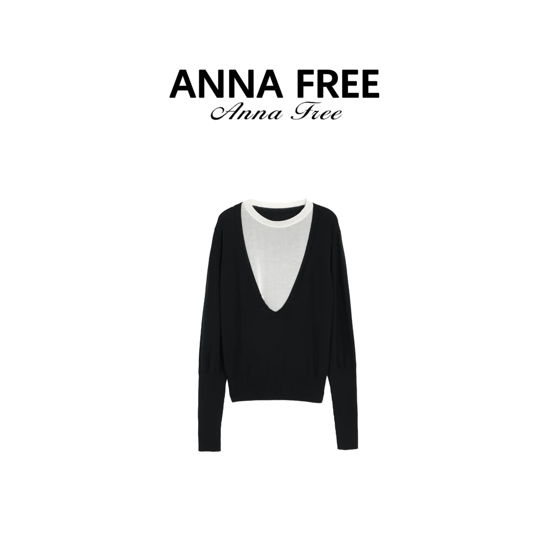 ANNA FREE【夕雾】新款极简风休闲拼接假两件保暖长袖内搭Z8323