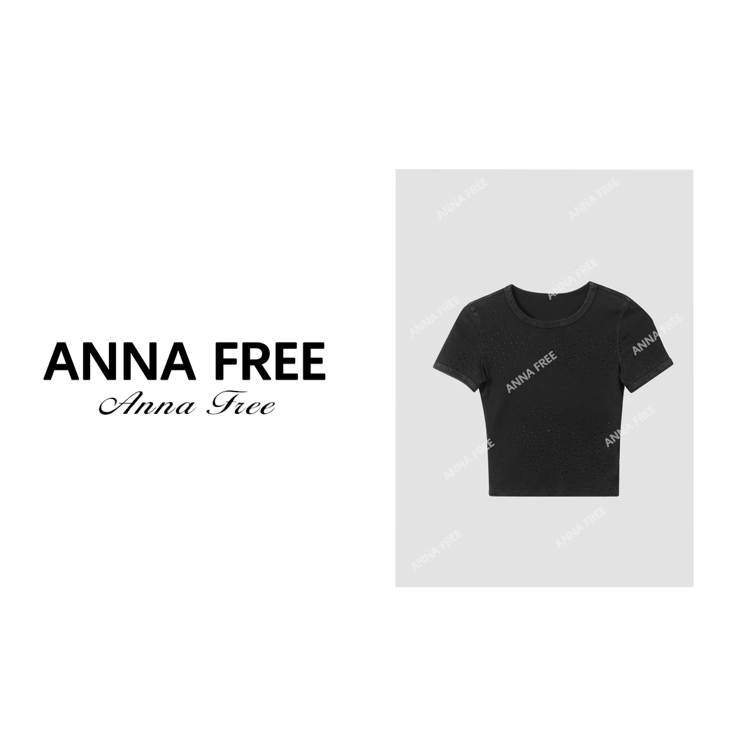 ANNA FREE 黑色休闲圆领水钻短袖T恤上衣春夏新款24023
