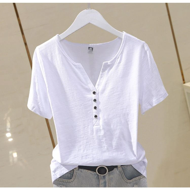 夏季新款竹节棉V领T恤短袖女韩版宽松大码显瘦纯棉百搭休闲上衣服