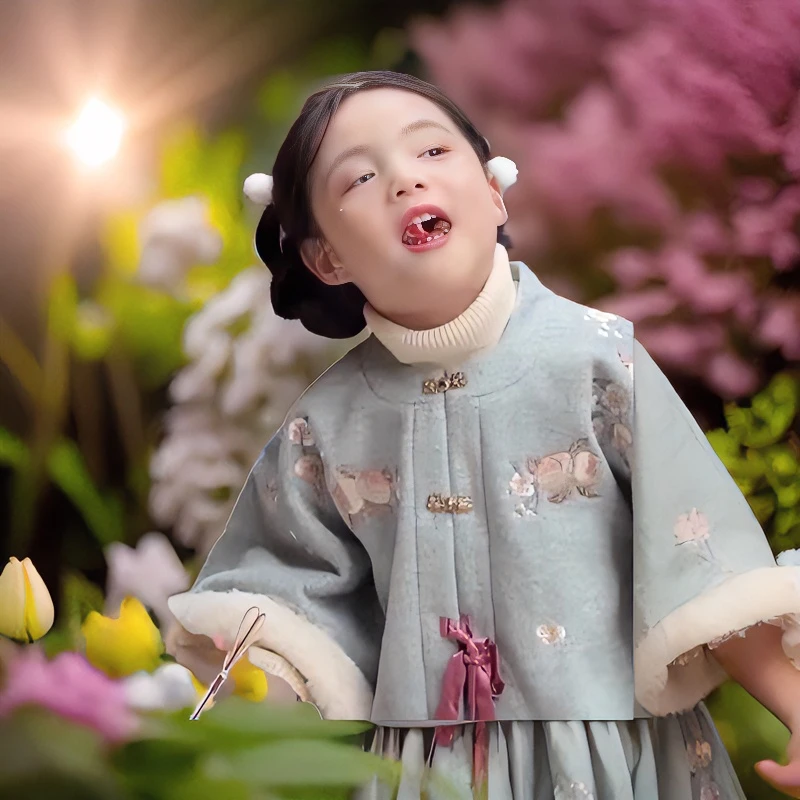 冬季新款端庄大气女童加绒套装新中式国风刺绣中国风两件套拜年服