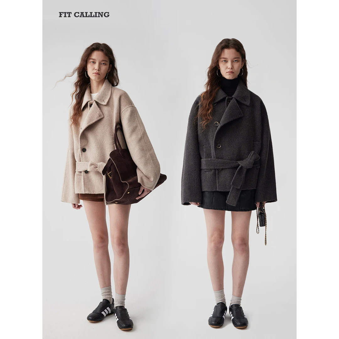 fit calling 极简穿搭高级宽松两色双门襟重磅双面羊绒外套大衣女