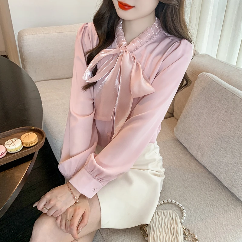 T2401甜美蝴蝶结长袖衬衫女2024年秋季新款飘带粉色上衣