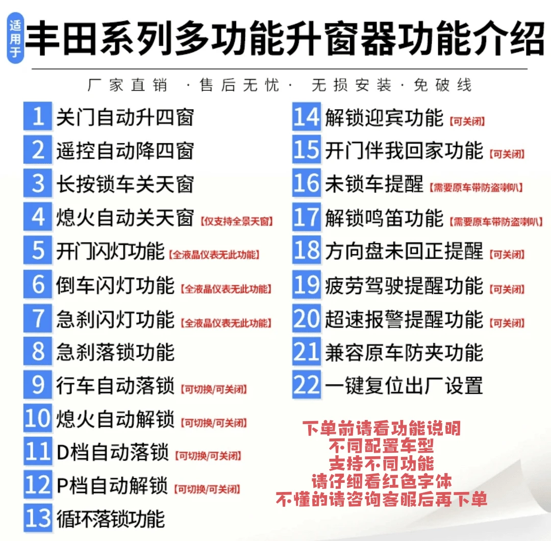 新款丰田多功能OBD模块（关门自动升窗）汉兰达/皇冠陆放不支持天窗
