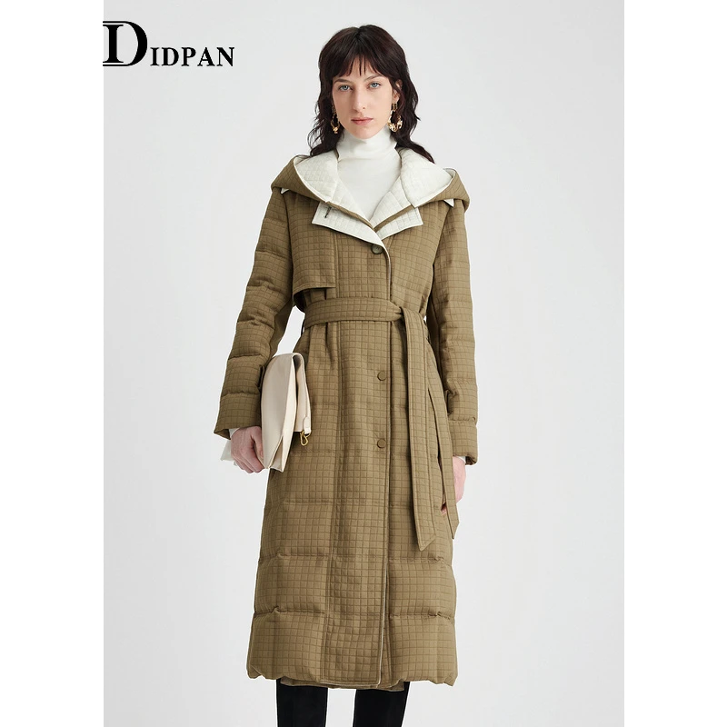 IDPAN中长款长款芋紫大毛领时尚格纹翻领时尚长羽绒服D3V4Y69341