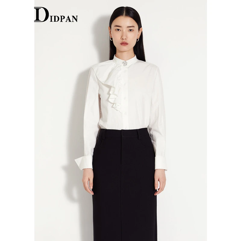 IDPAN 春季气质白色时尚女士春季小众简约通勤长袖上衣2E4C34144