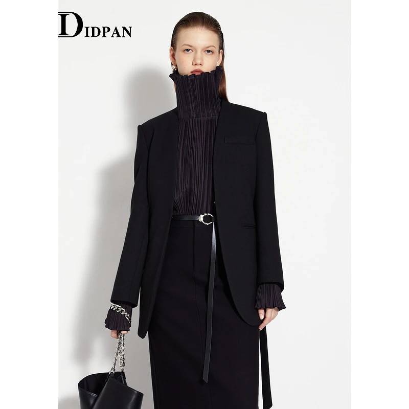 IDPAN气质时尚休闲黑色毛呢中长款修身秋冬中长外套2E4W68145