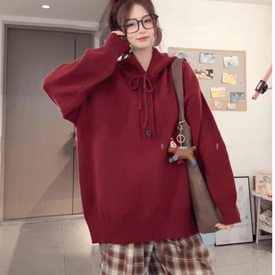 慵懒风红色连帽套头毛衣女秋冬季加厚宽松外穿韩系穿搭针织衫上衣