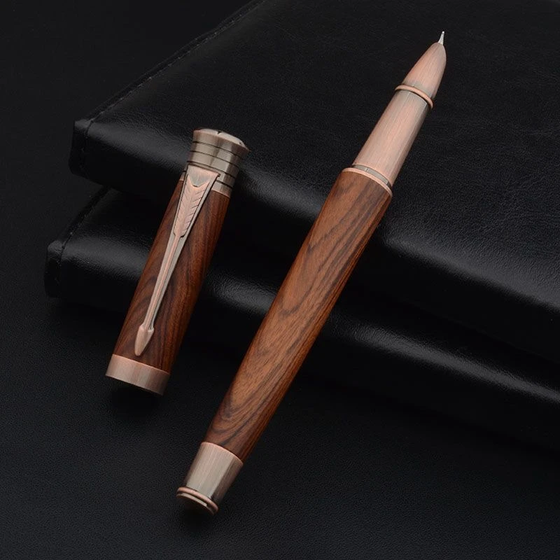 美工钢笔古铜拉丝红木复古风男女学生练字书法高档款商务办公专用