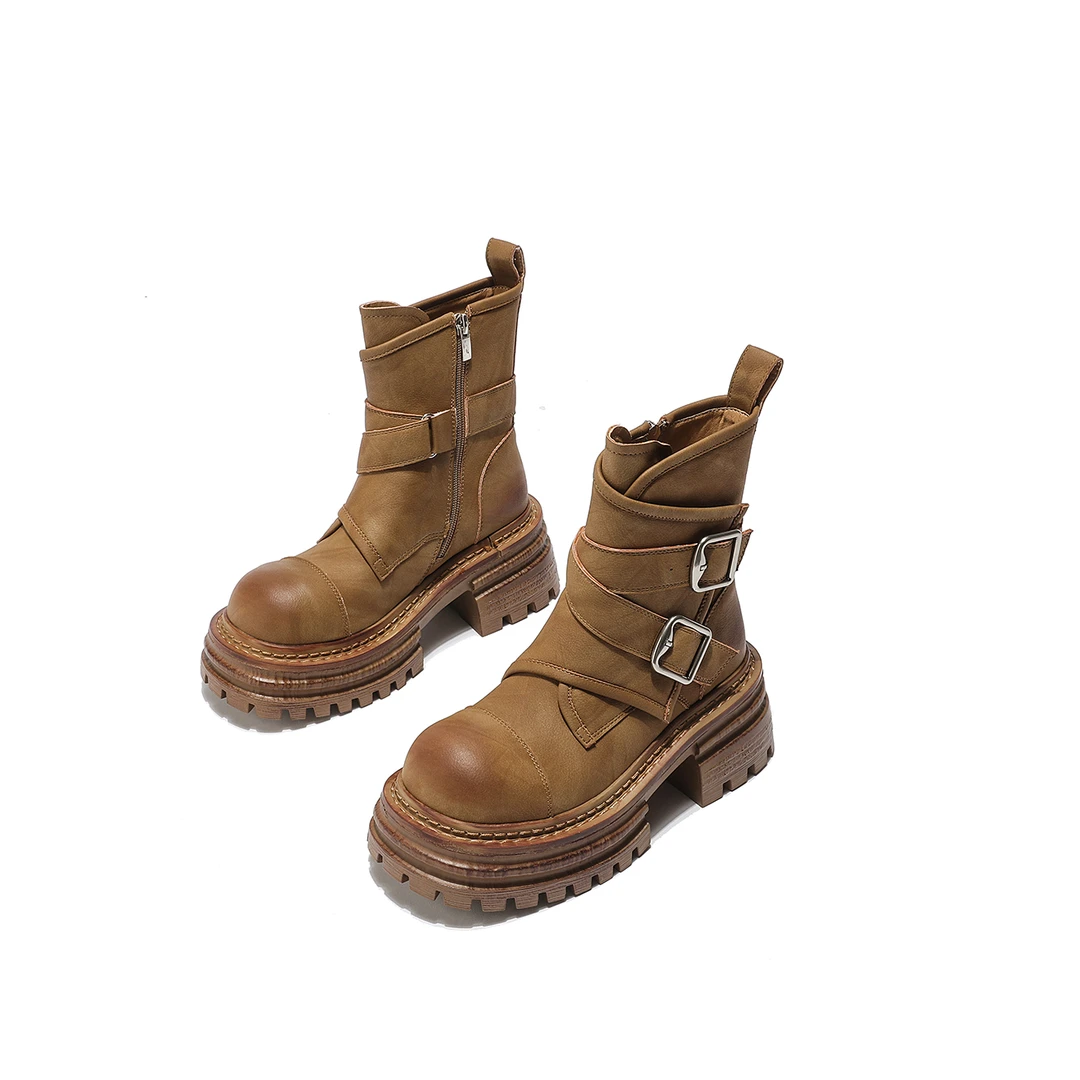 【佳小七专属】秋季时尚潮流女靴英伦风皮带扣洋气厚底马丁靴