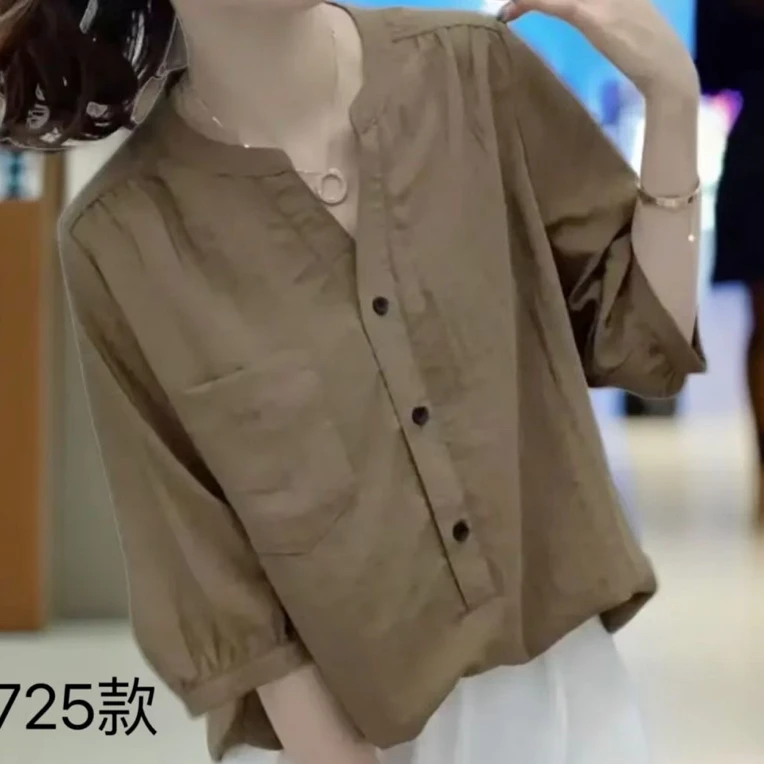 大码显瘦气质衬衣时尚休闲复古简约春秋中袖纯色薄款衬衫