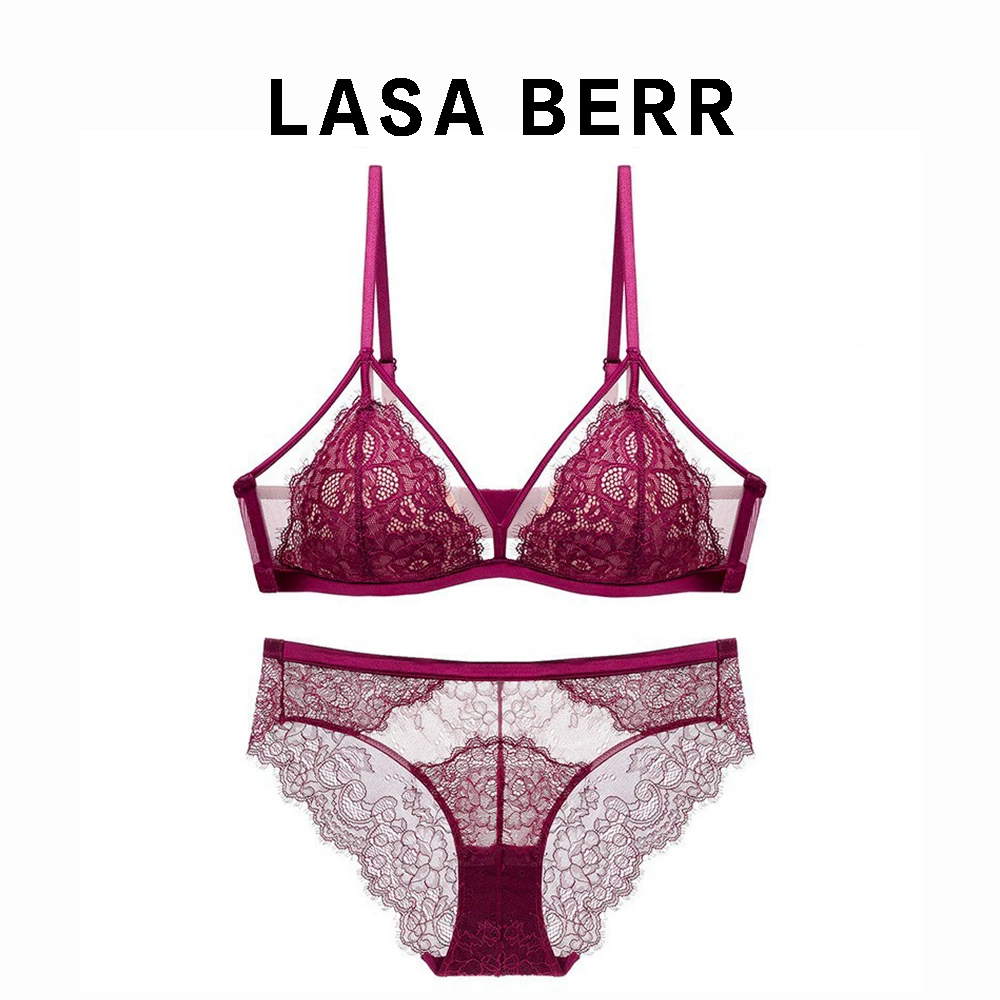LASA BERR【无钢圈】法式三角杯内衣套装蕾丝薄棉聚拢文胸套装小胸