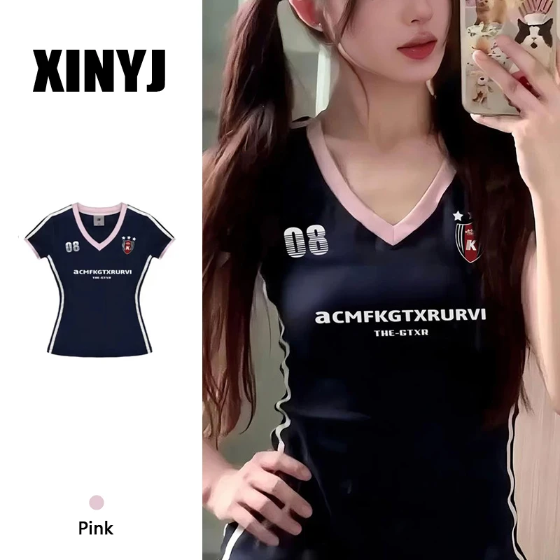 【XINYJ】美式辣妹正肩t恤女夏季撞色拼接黑色v领短袖修身休闲上衣