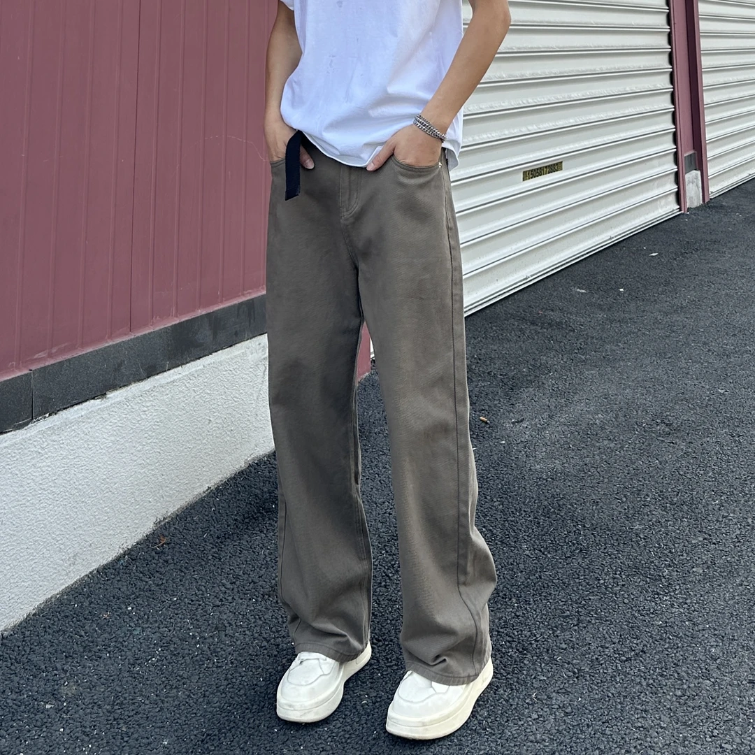 QUALCOMM秋冬美拉德咖色宽松直筒牛仔裤男潮流百搭显瘦阔腿长裤子