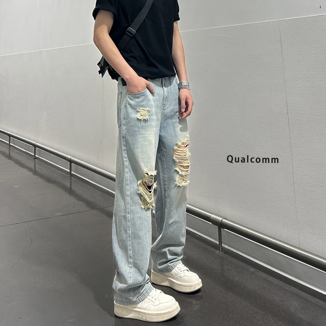 QUALCOMM潮流美式破洞牛仔裤男春夏薄款高街ins男裤宽松直筒长裤