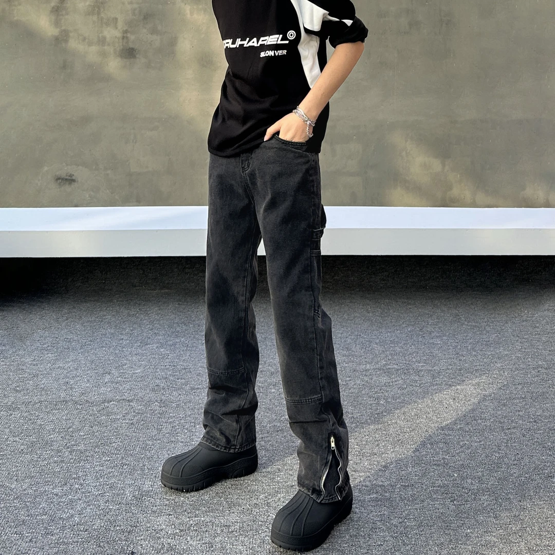 美式复古高街牛子裤男春秋爆款裤脚拉链微喇男裤黑色宽松直筒长裤