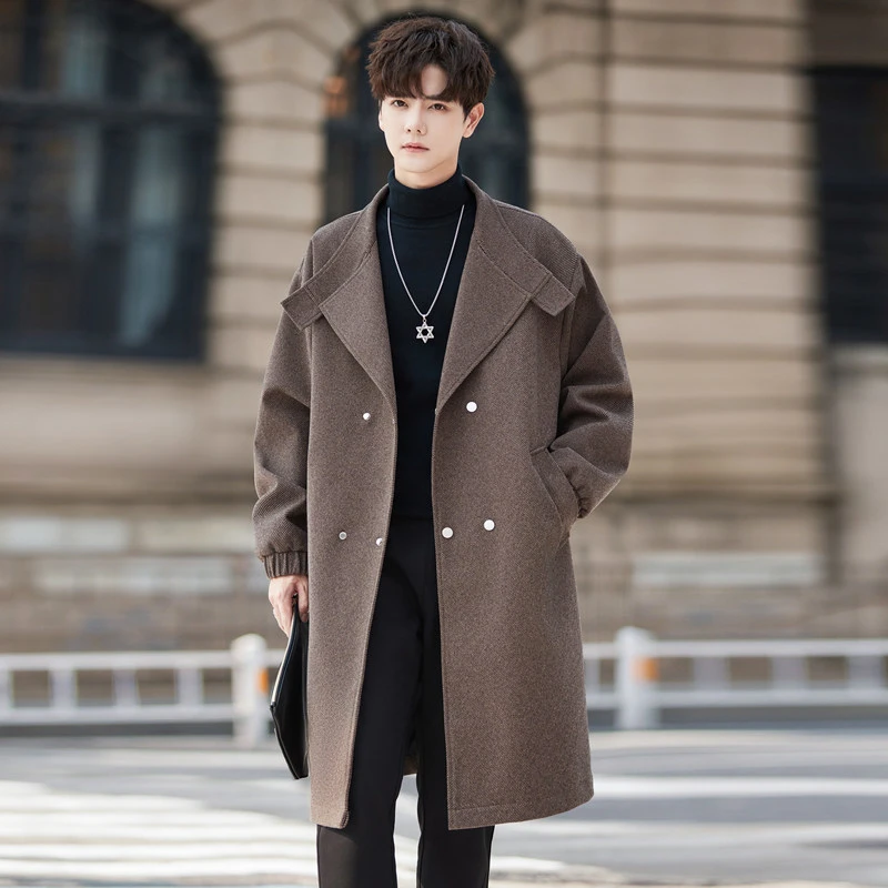 中长款风衣男秋冬季2023新款宽松休闲男装大衣潮牌英伦风翻领外套