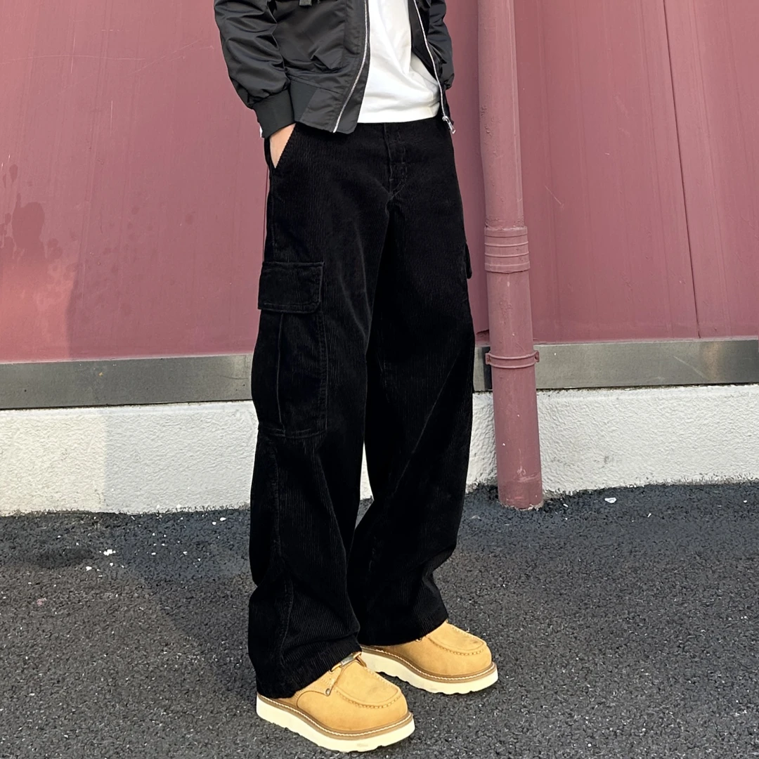 QUALCOMM秋冬新款大口袋工装休闲裤男款潮流灯芯绒阔腿裤黑色长裤