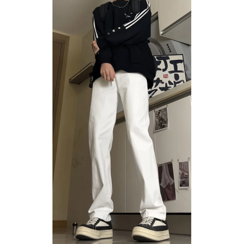 氛围感弹力白色牛仔裤男款春秋款美式高街cleanfit显瘦微喇长裤子