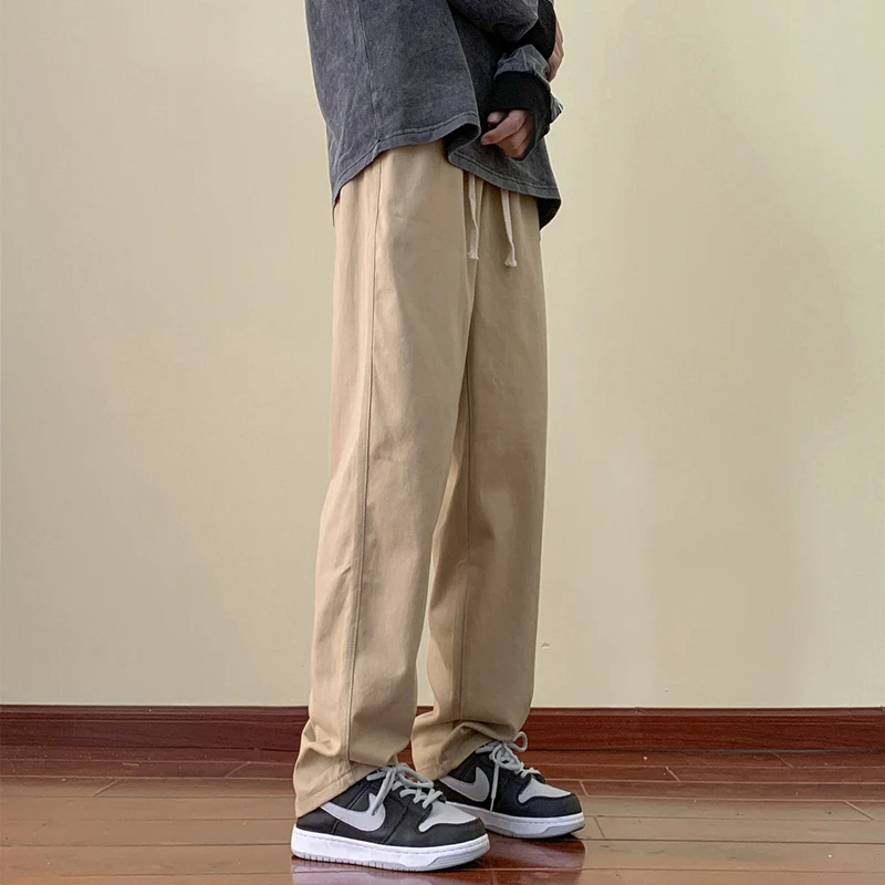 日系纯色百搭不挑腿型直筒裤大码男裤松紧腰系绳休闲裤男新款长裤