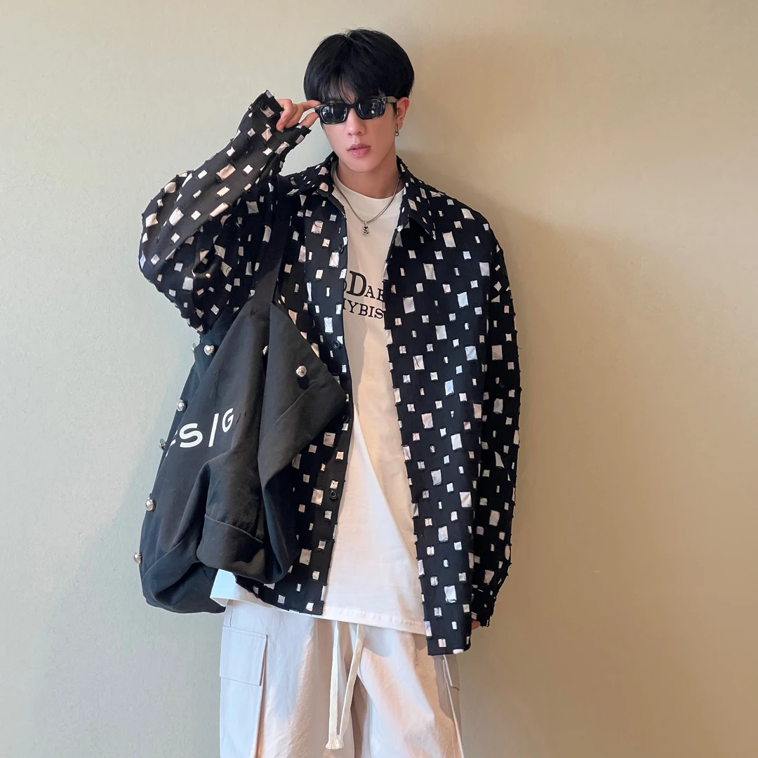 2023春夏装薄款长袖衬衫男潮牌高街ins宽松百搭痞帅外套贴布上衣