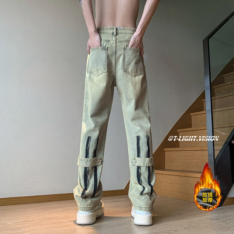 秋冬加厚黄泥牛仔裤男2023新款潮牌高街ins宽松直筒长裤显高男裤