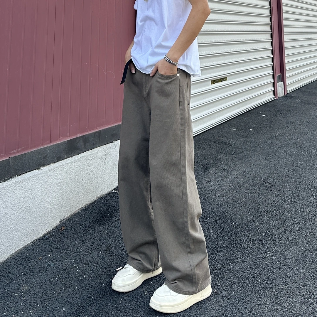 QUALCOMM美拉德咖啡色宽松直筒牛仔裤男秋冬加绒潮流显瘦阔腿长裤