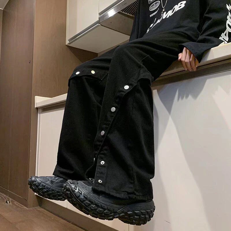 高街美式排扣牛仔裤男春季潮牌宽松微喇显瘦vibe垂感直筒阔腿裤子
