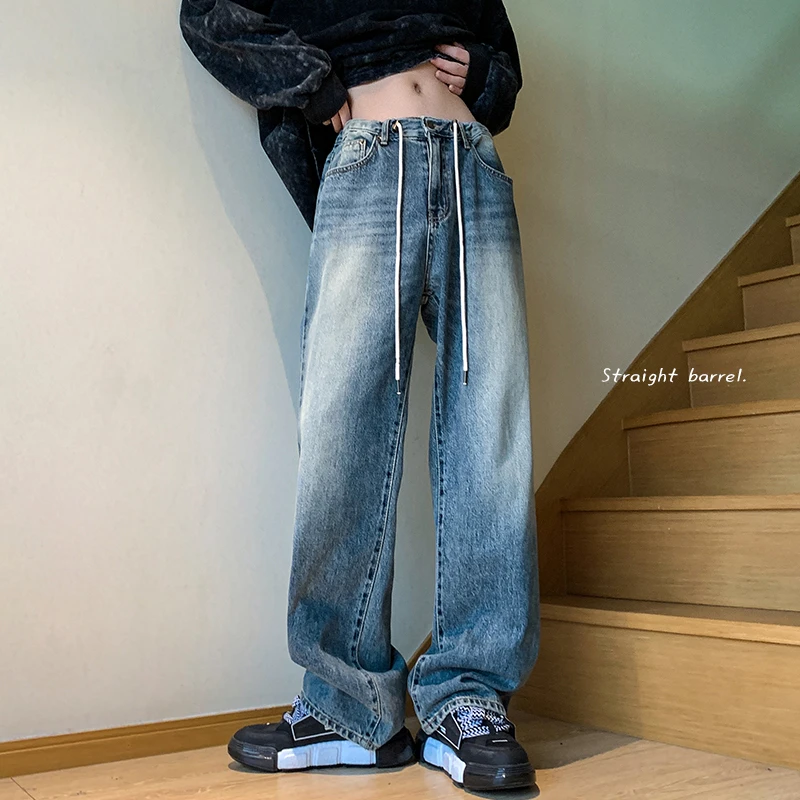 现货春款潮流宽松大码男裤直筒长裤阔腿裤复古水洗抽绳拖地牛仔裤