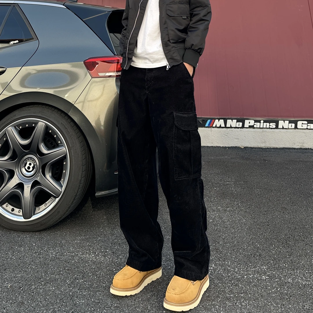 QUALCOMM美式复古工装阔腿休闲裤男秋冬新款黑色灯芯绒百搭直筒裤