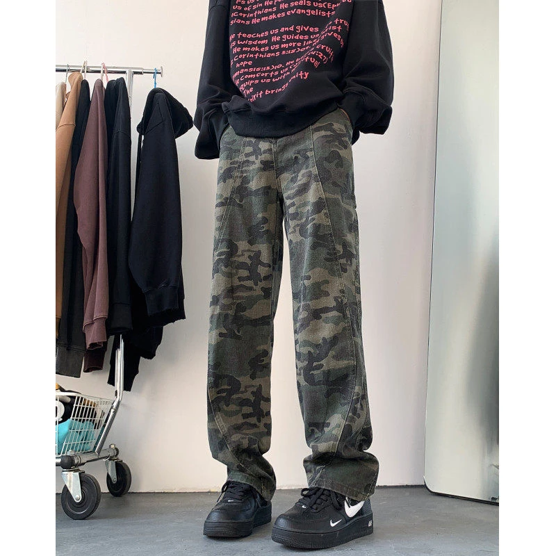 迷彩裤重磅潮牌解构水洗牛仔裤秋冬装高街美式男装休闲显瘦直筒裤