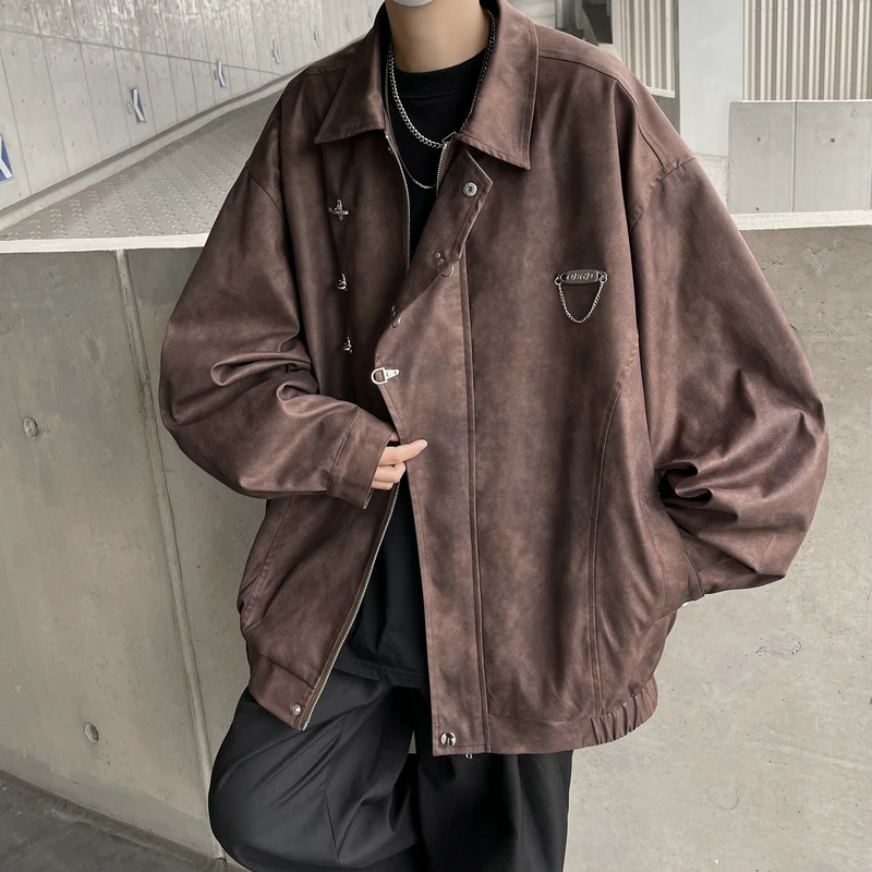 潮牌美式飞机扣金属装饰设计感男士春款高级感翻领复古夹克衫外套