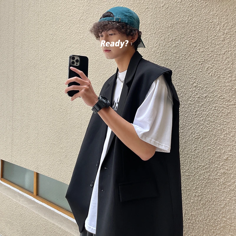 夏季休闲宽松无袖西装马甲男外套潮牌ins青年帅气背心小西服坎肩