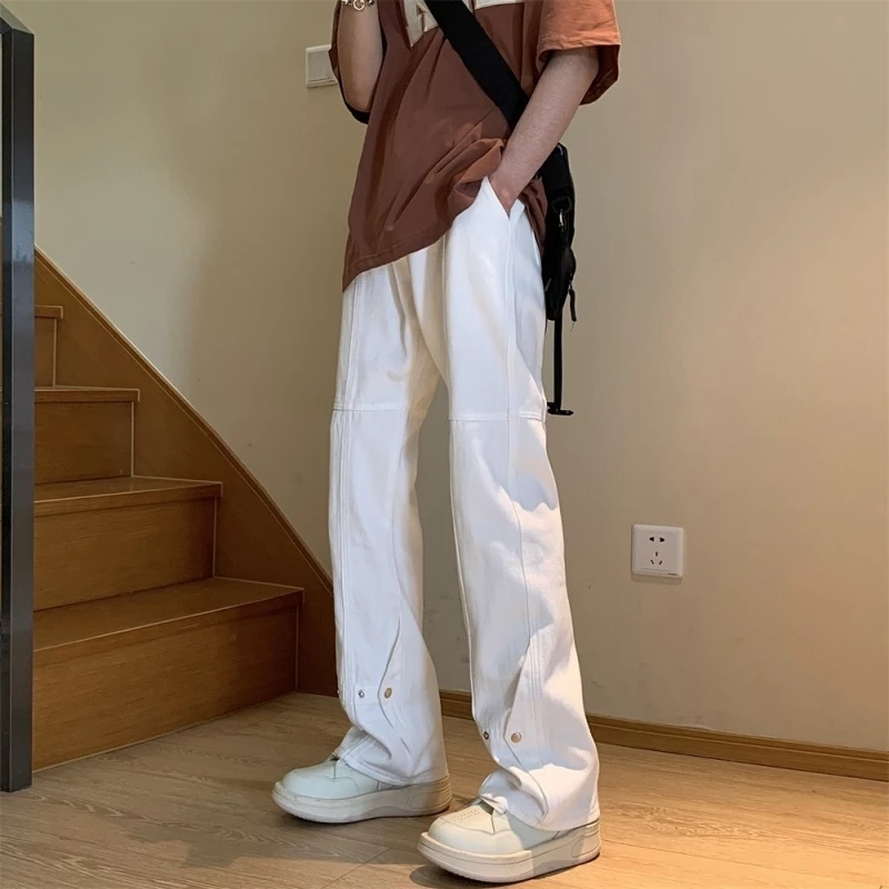 高品质春秋白裤子ins设计感小众微喇牛仔裤男士潮牌高街牛仔长裤