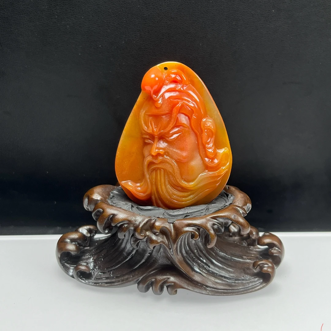 天然玉石云南黄龙玉茄子山红黄关公头吊坠精美雕刻挂坠精雕证书