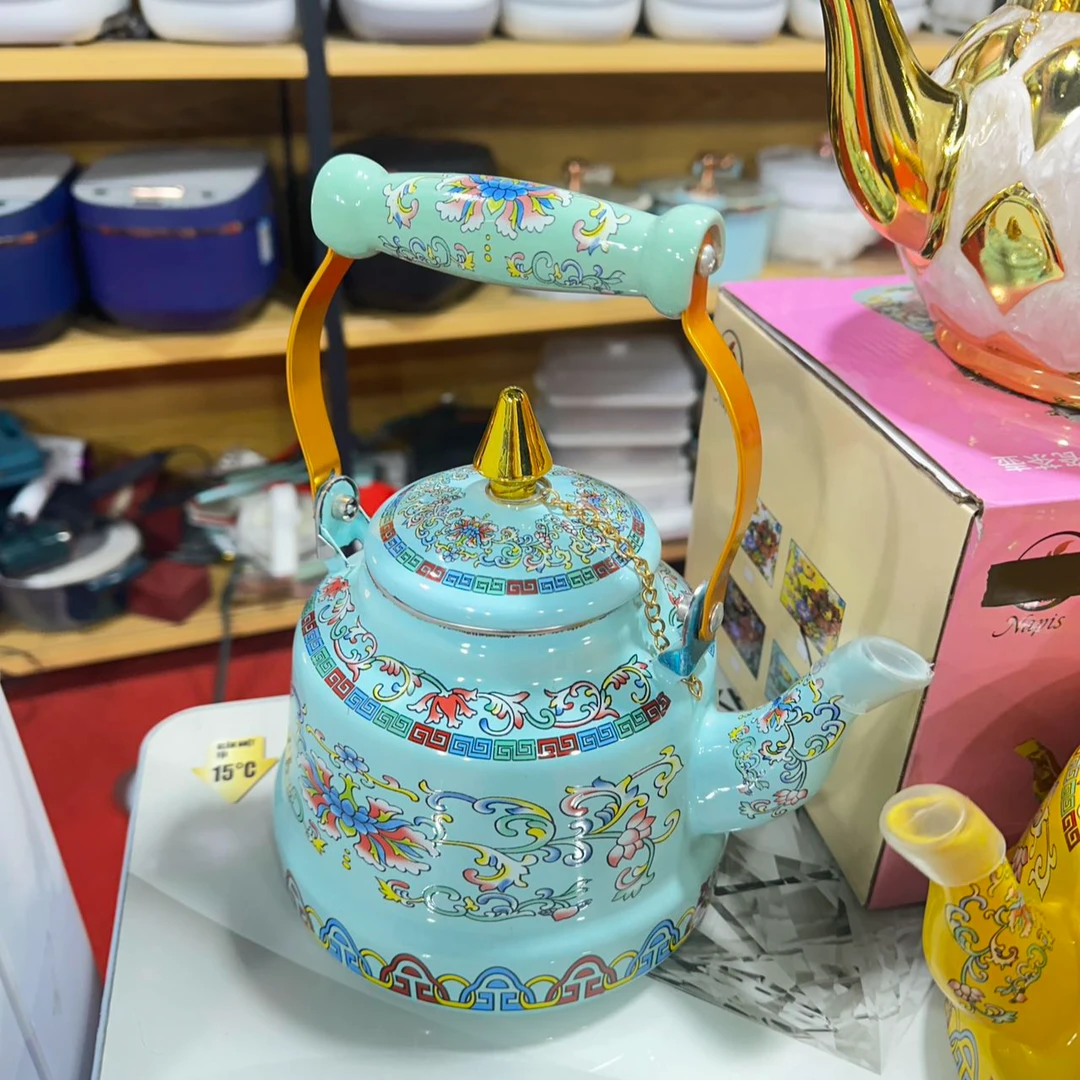 加厚大容量珐琅满花搪瓷水壶奶茶壶平底壶电磁炉通用茶壶凉水壶
